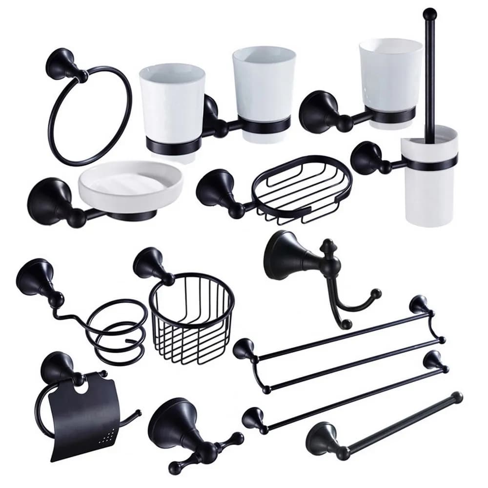 Set di accessori per il bagno a parete in ottone nero, portasciugamani, portasapone, porta accappatoio, porta carta igienica, portaspazzolino azh113