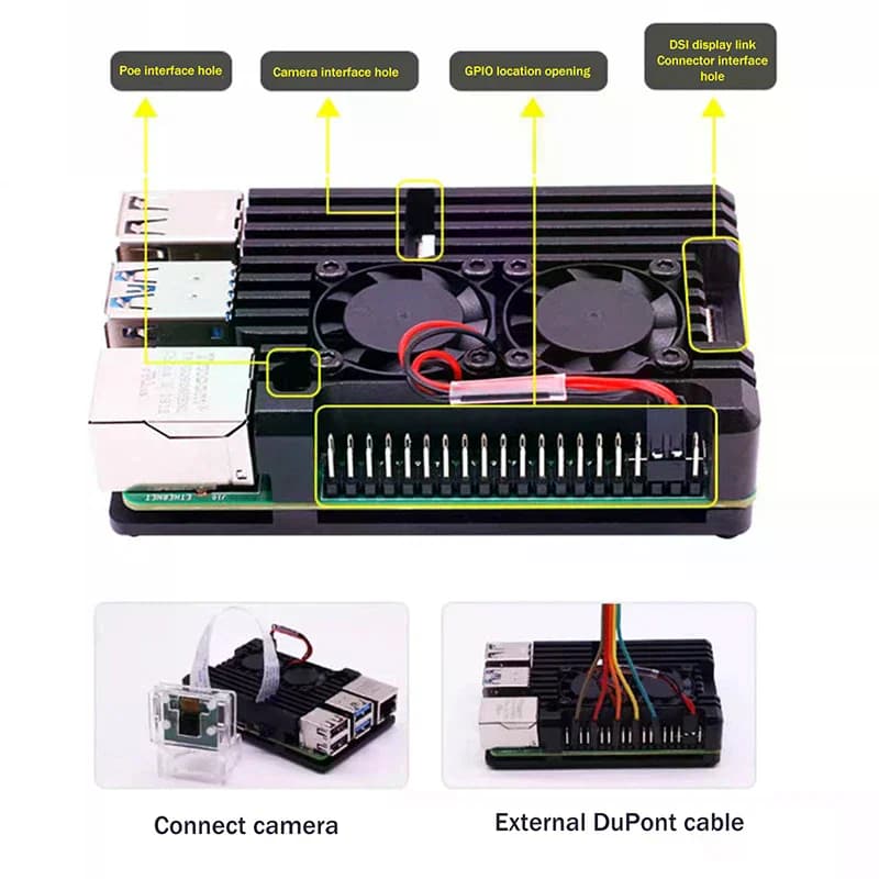 Aluminium case for Raspberry Pi 4 with/without double cooling fan, black metal shell for RPI Raspberry Pi 4B