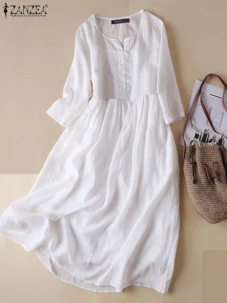 ZANZEA Summer a-line Half Sleeve Shirt Dress Casual allentato Pocket prendisole Holiday Baggy Long Robe Women White Beach Dress Solid