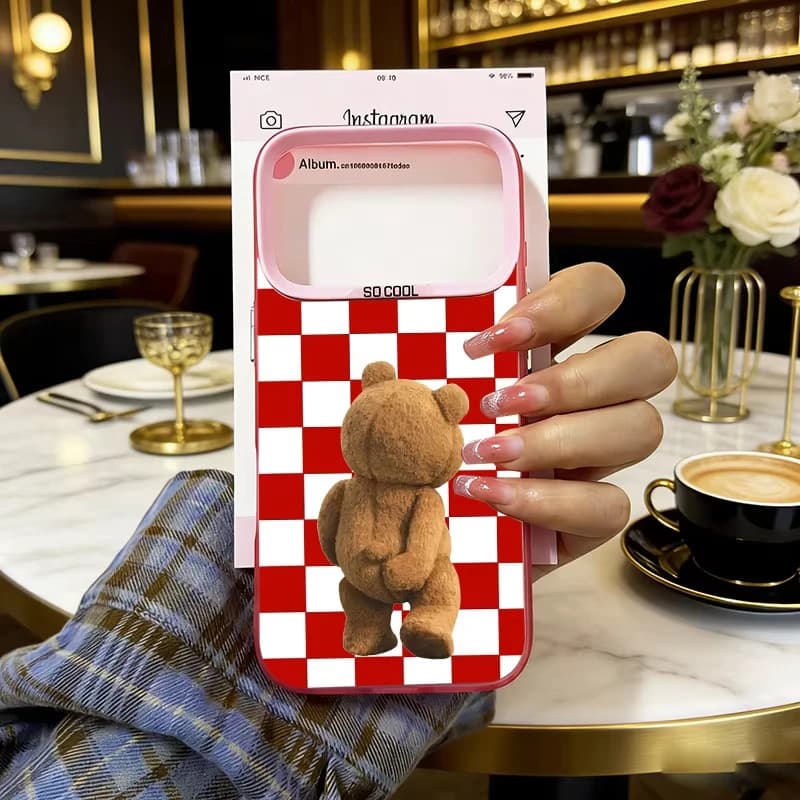 Custodia per telefono Teddy Bear a righe scozzesi per iPhone 17 Air 16 15 14 11 Pro 13 12 Mini 8 7, Cover rigida antiurto con bumper laser opaco