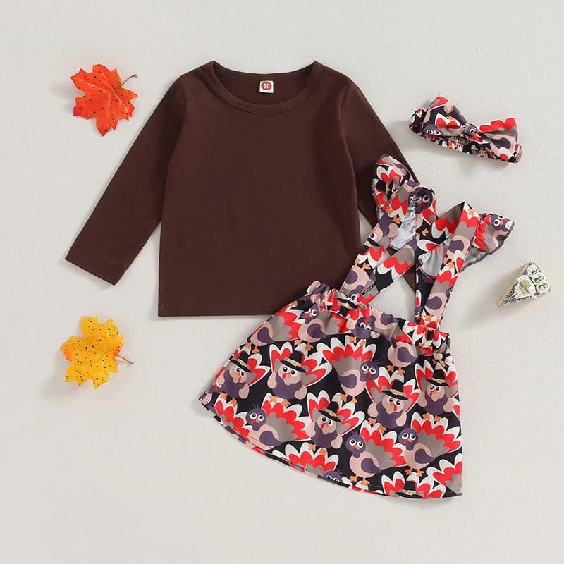 Girls Autumn Outfits Long Sleeve T-Shirts with Turkey Print Skirts Matching Headband - 3-Piece Thanksgiving Set