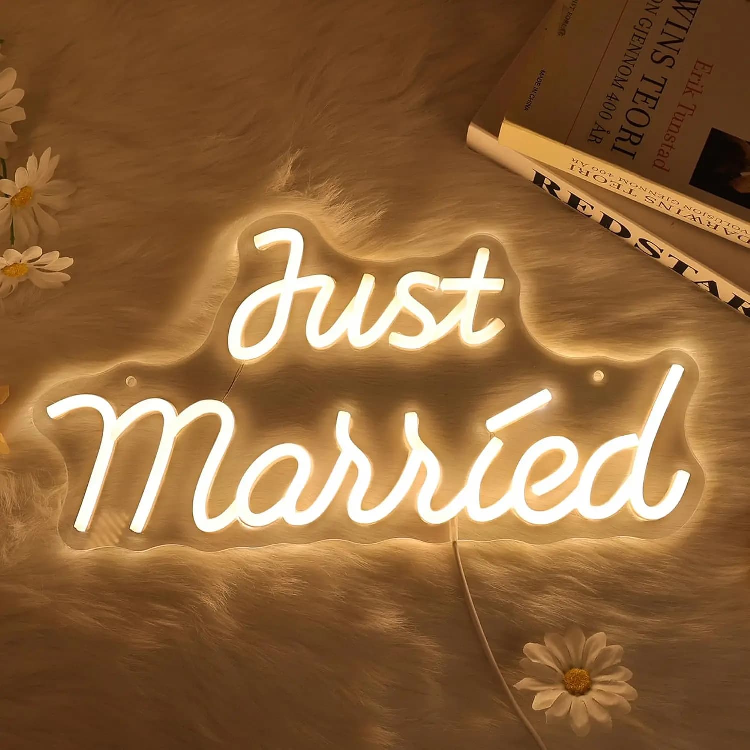 Insegna al Neon 'Just Married' con Luce LED Dimmerabile USB, Illuminazione Calda per Anniversario di Matrimonio, Decorazione Camera da Letto, Regalo Romantico per Coppie