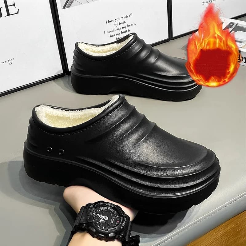 Scarpe da uomo antiscivolo da cucina con suola spessa autunno e inverno foderate in pile, impermeabili, resistenti all'olio, calde, con tacco chiuso e punta chiusa