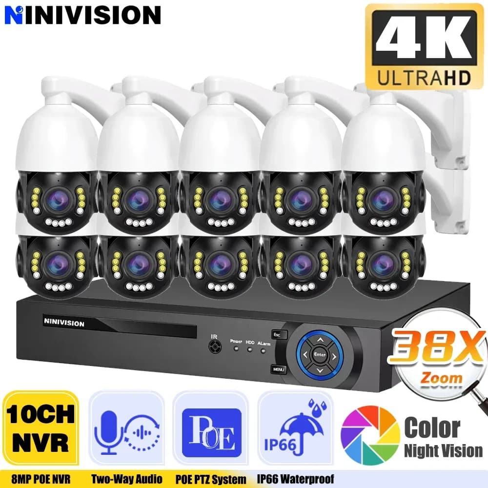 Visione notturna a colori POE Sistema di sicurezza telecamera CCTV PTZ 4K 10CH POE NVR 38X PTZ Zoom Audio bidirezionale Sistema video telecamera IP da 8 MP
