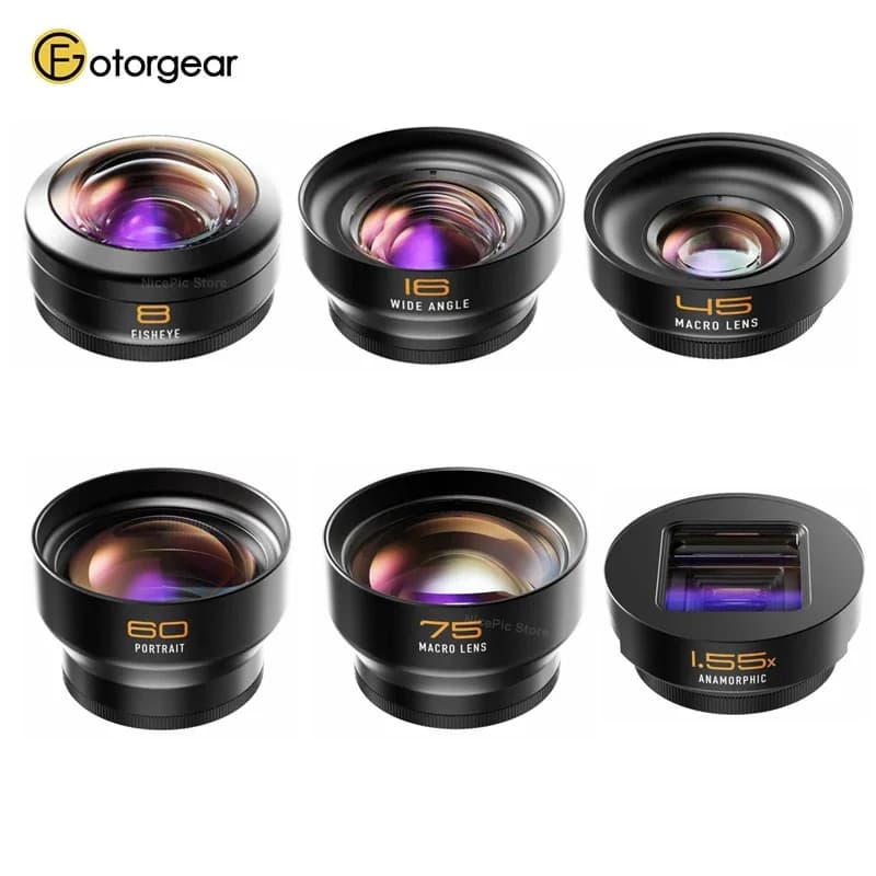 Fotorgear Pro ll T-Mount Phone Lens Fisheye Macro Wide-Angle Portrait 1.55X Anamorphic Len for Xiaomi iPhone Huawei Samsung