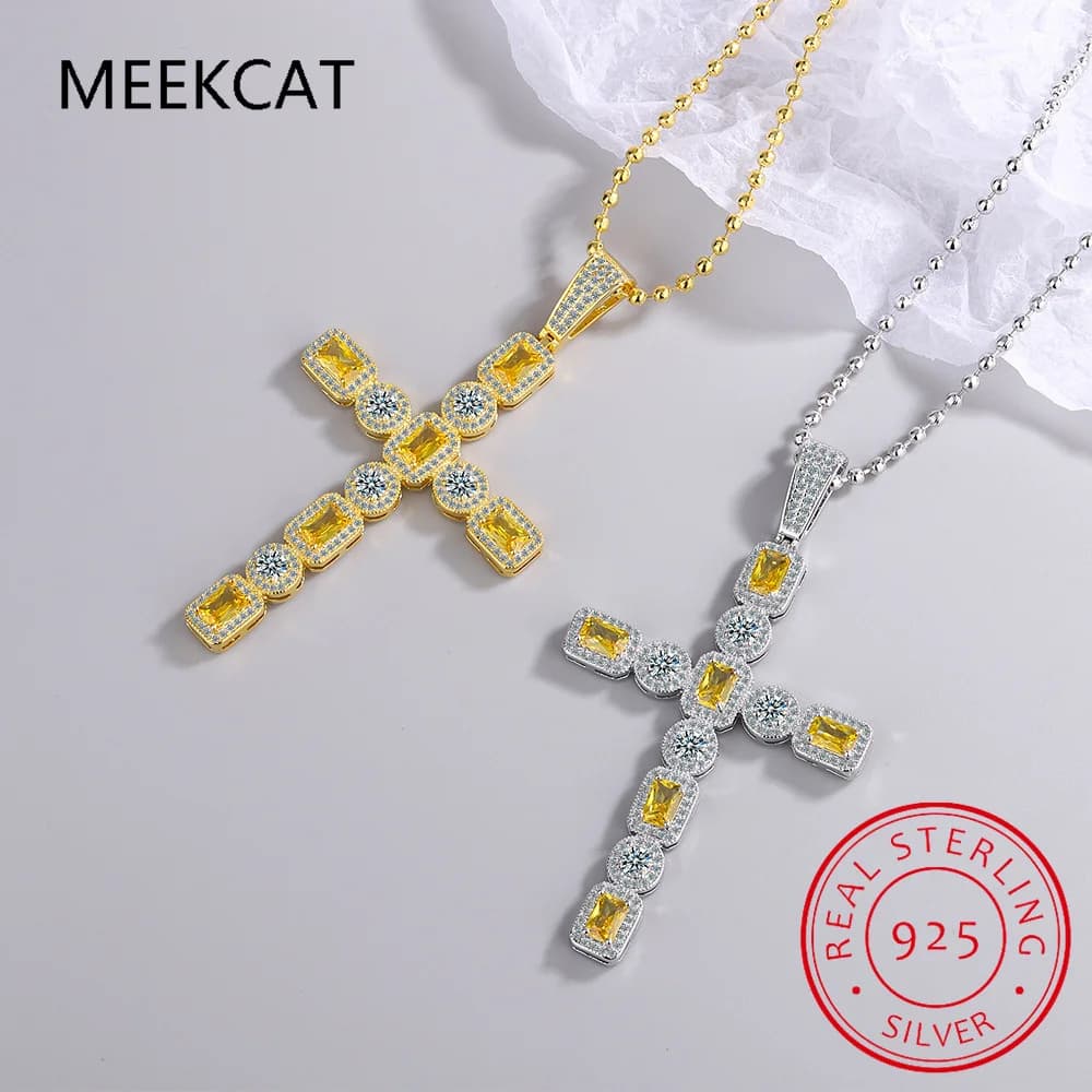 Emerald Cut Natural Yellow Citrine 925 Sterling Silver Cross Pendant Necklace for Women Statement Round Gemstone Jewelry Choker
