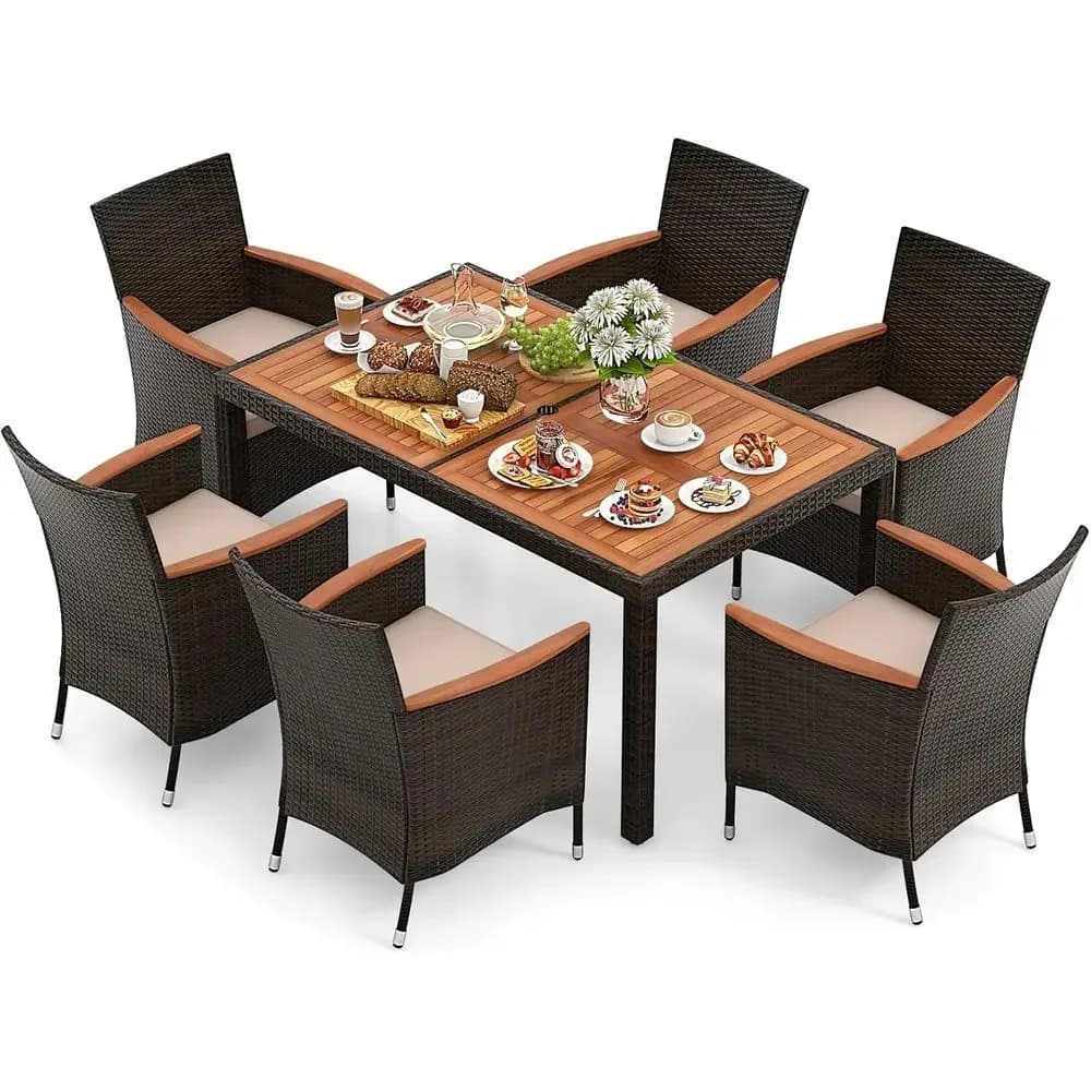 Set da pranzo da esterno in vimini a 7 pezzi con tavolo in legno di acacia, 6 sedie impilabili, foro per ombrellone e cuscini