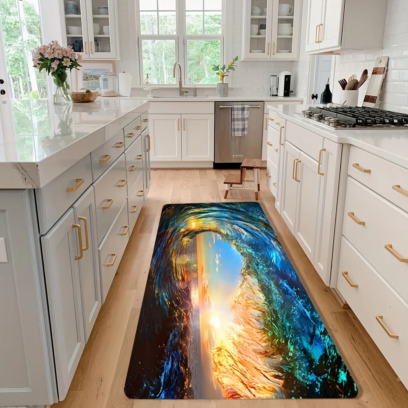 Long carpet with Ocean Motive and Sunset, Decorative Mat for Home, Entrance, Kitchen, Corridor