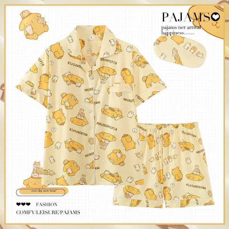 Pigiama da donna Anime Sanrio Pompom Purin, set pigiama sottile a maniche corte, alla moda, casual, per ragazze e studentesse, abbigliamento da casa