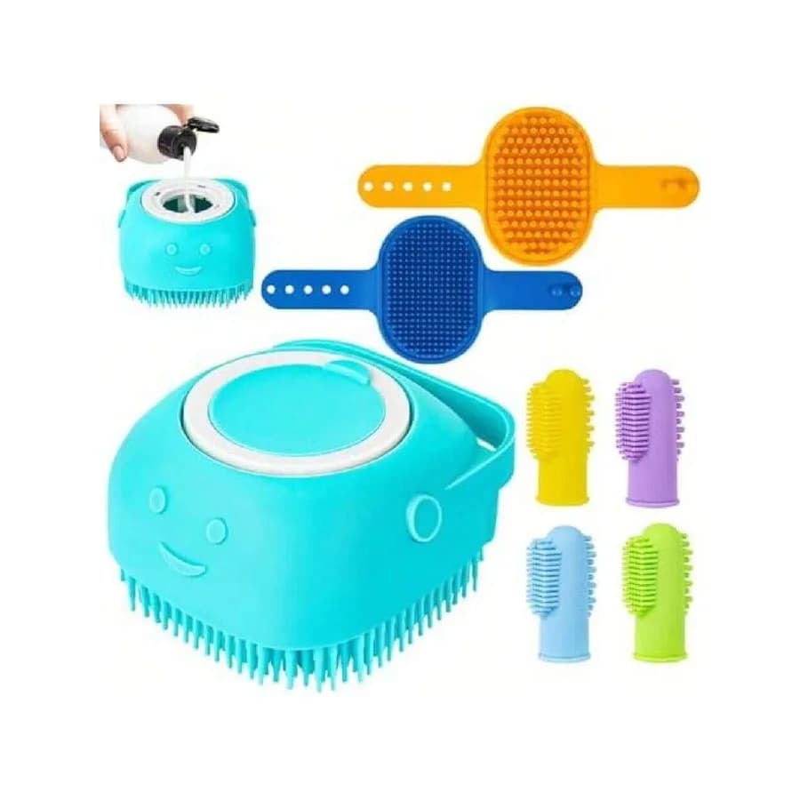 【Nuovo stile】 Spazzola da bagno per cani 3 in 1 con 4 spazzolini da denti, spazzola detergente e spazzola per shampoo con manico ad anello regolabile, spazzola per doccia per L