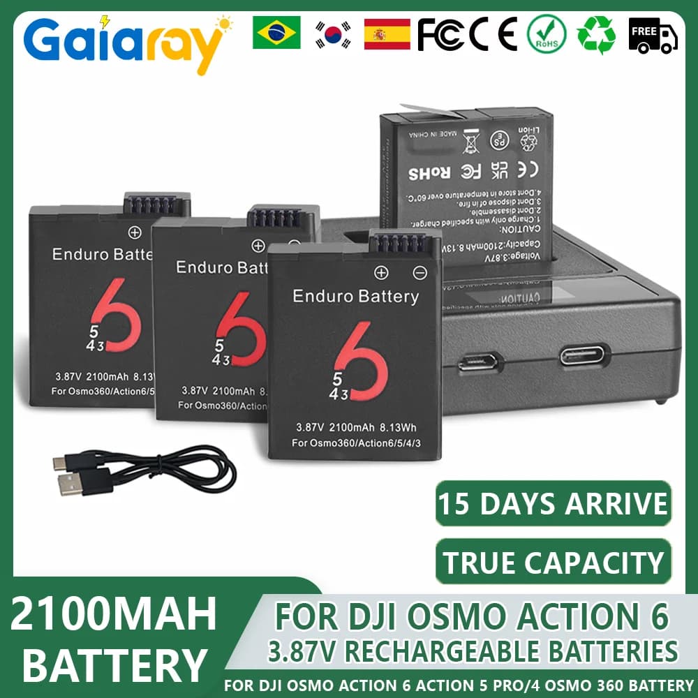 2100mAh Batteries For DJI Osmo Action 6 Action 5 Pro/4 Camera Battery LED Dual Charger For DJI Osmo Action 4/3 Osmo 360 Battery