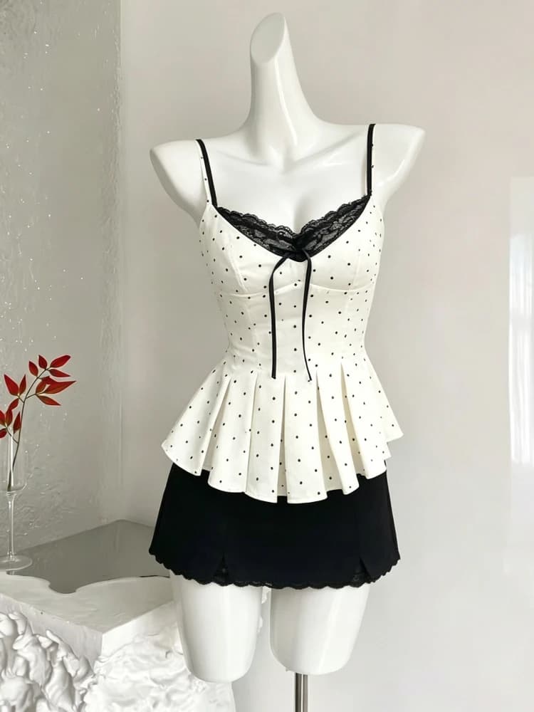Summer Casual Sweet 2 Piece Set Women Lace Polka Dot High Waist Design Mini Skirt Suit Female Chic Retro Korean Popular Clothes