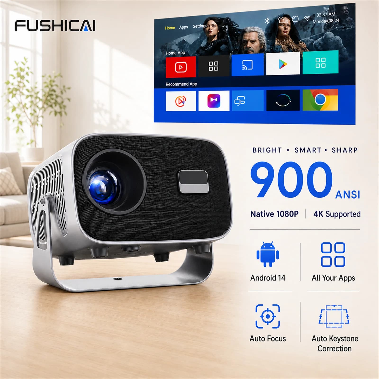 FUSHCAI Portable Mini Projector A10, Native 720P Full HD, 4K Compatible, Android, LED 900 ANSI, Auto Focus, WiFi, Bluetooth 4.0