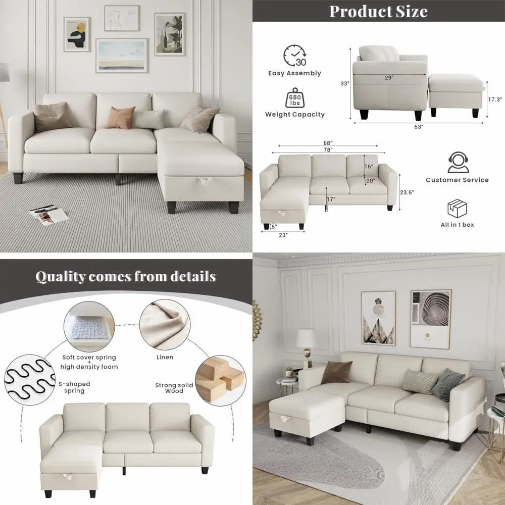Divano a L con 3 Posti, Tessuto in Lino, Seduta Profonda, Rivestimenti Lavabili, Spazio Contenitore, Adatto per Soggiorno, Beige