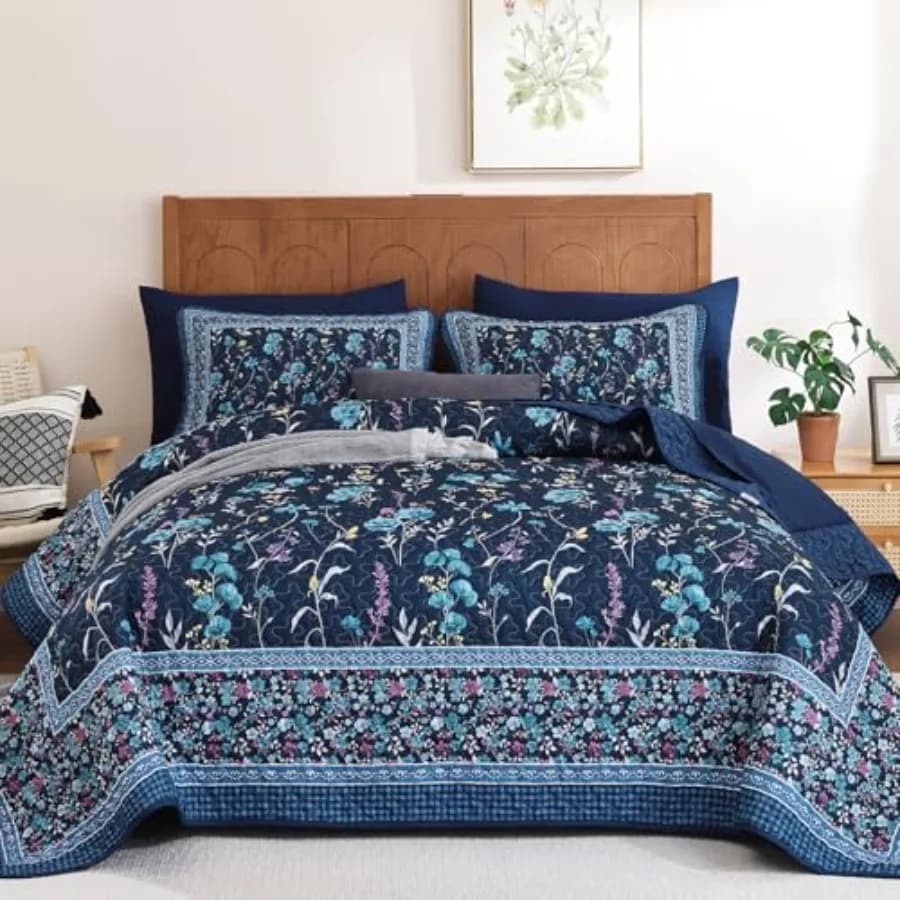 Set Copriletto Floreale con 2 Federe, in Microfibra Leggera, Motivi Floreali e Botanici, Stile Rustico