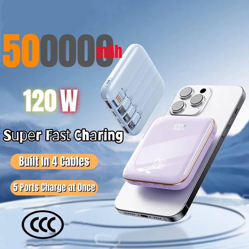Power Bank 50000mAh 120W Ricarica Super Veloce 4 in 1 con Cavi Integrati Compatibile con iPhone Samsung 2026Nuovo