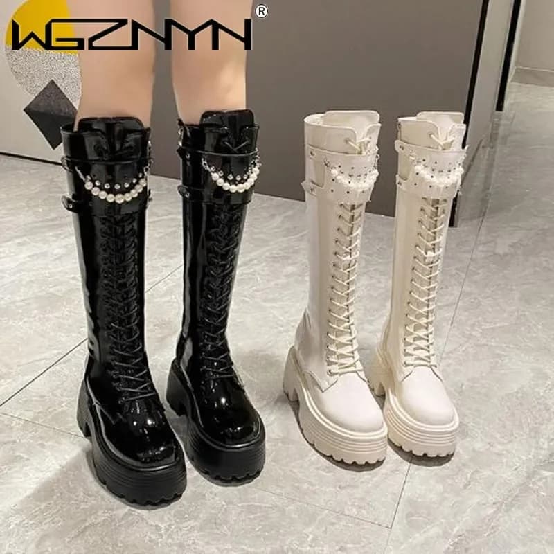 Women's Winter Boots Hot Leather Plush Knee Boots with Women's Pearls Robust Random Punk Shoes Women's Long Boots with Platform with High Heel 8,5 cm