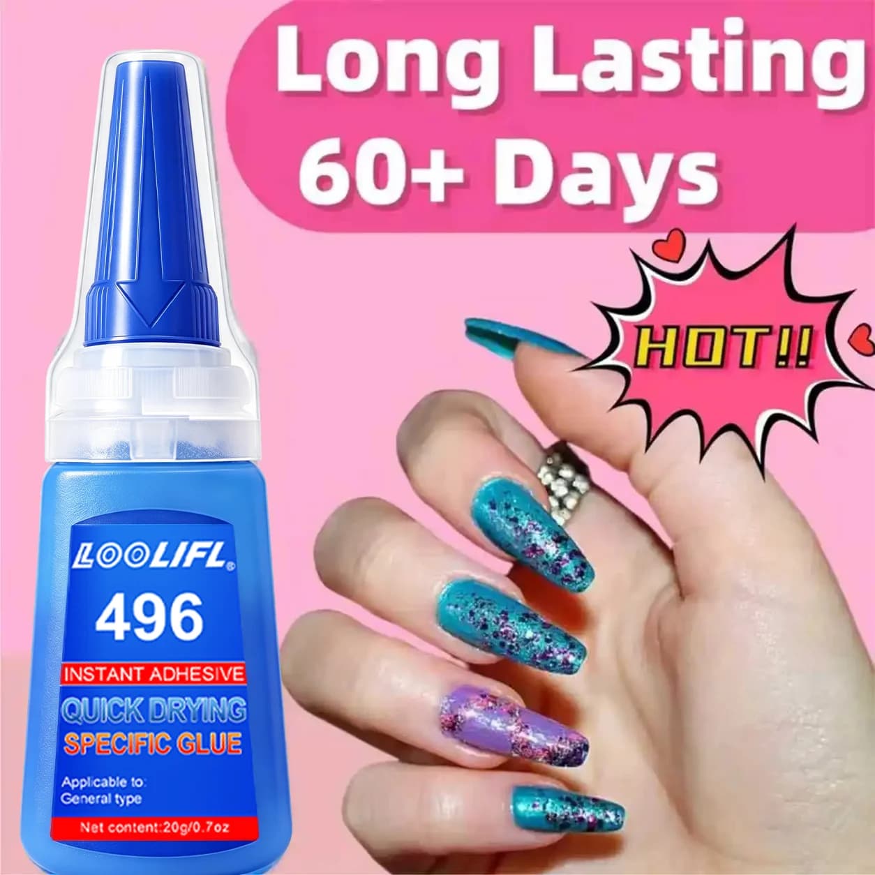 Super strong waterproof nail glue, durable for over 60 days, no need for curing, fast bonding, strong nail glue suitable for women's press-on nails, nail art, and nail supplies, with superior adhesive strength, large capacity design, one bottle is equivalent to ten bottles
