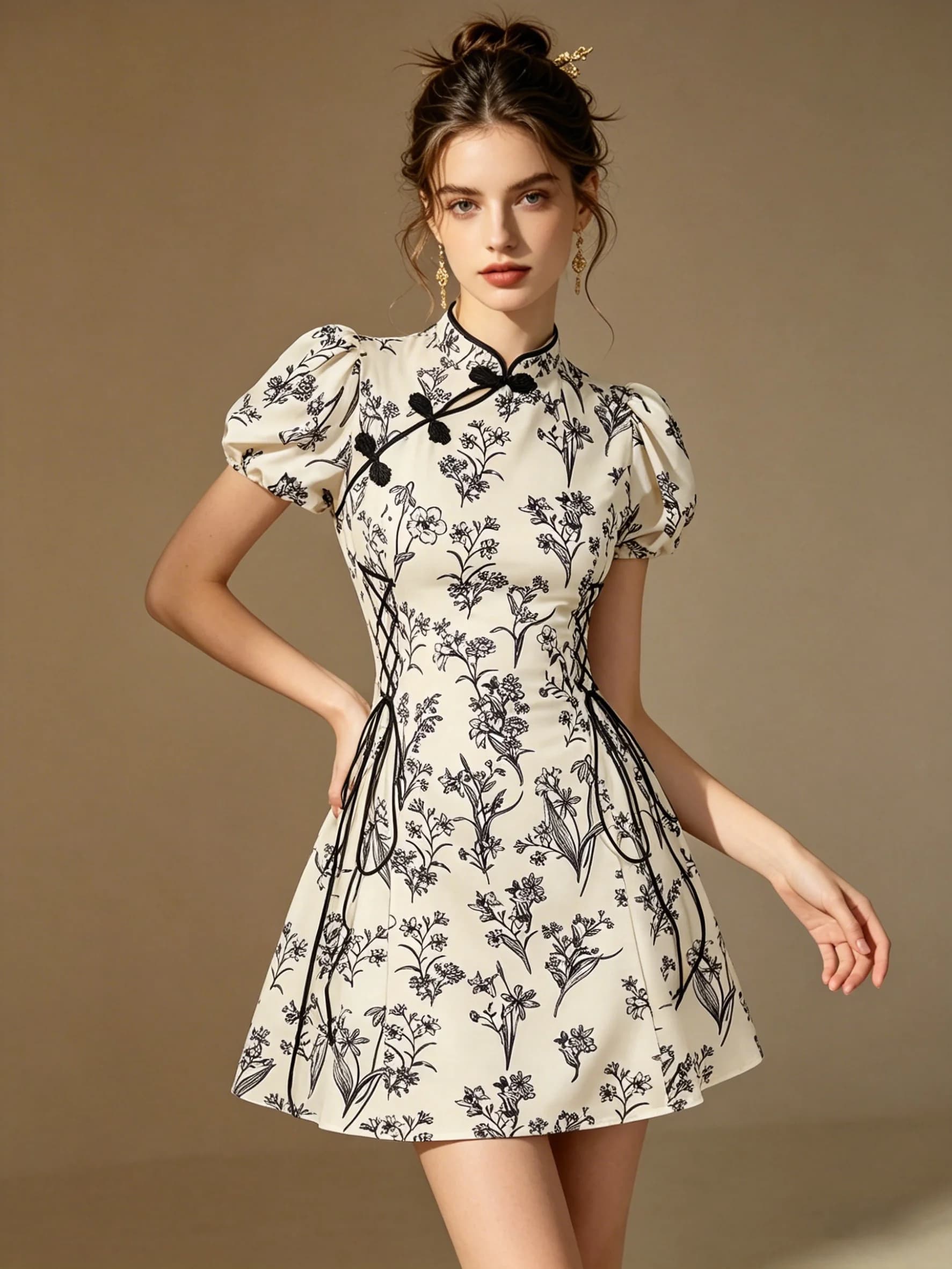 Mini abito da donna in stile Cheongsam con stampa floreale | Maniche a sbuffo e vita con lacci