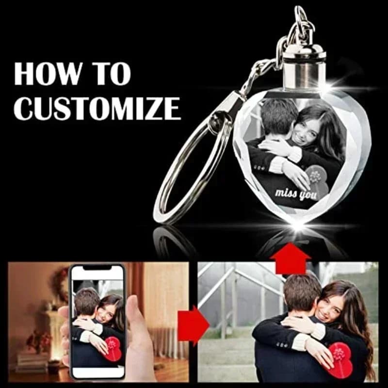 Custom Crystal Keyring With Built-in LED Light Free Engrave Photo Logo Text Blank Crystal Key Ring DIY Personalized Family Picture Birthday Gift