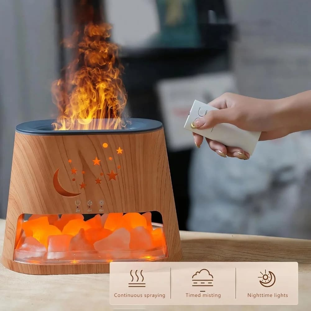 Umidificatore con Effetto Fiamma, Illuminazione d'Atmosfera e Timer, Tecnologia a Ioni Negativi per l'Assorbimento della Polvere e il Miglioramento dell'Aria Interna