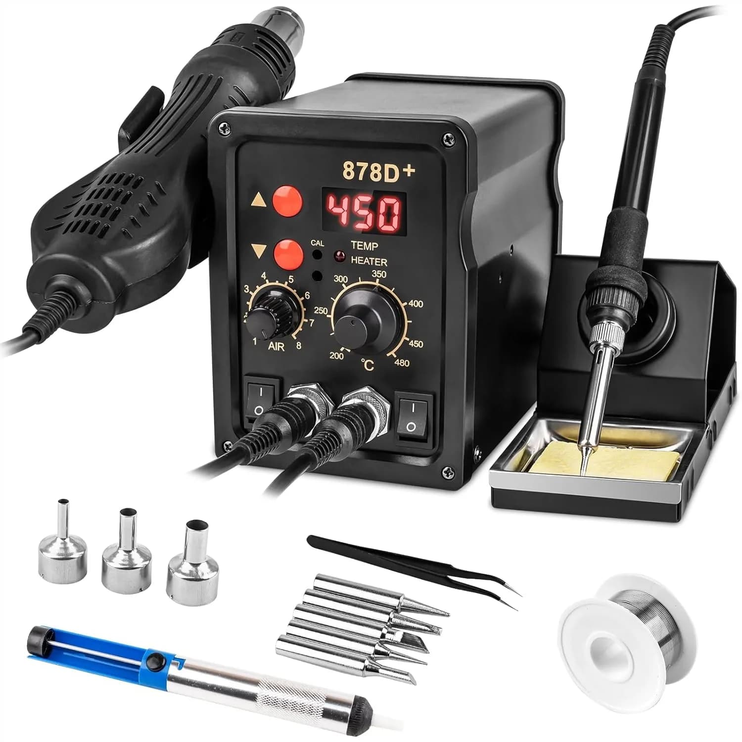 2 in 1 Hot Air Rework Soldering Iron Station, Fast Heat Up Soldering Gun with Dual System, Auto Sleep & Calibration for Circuit
