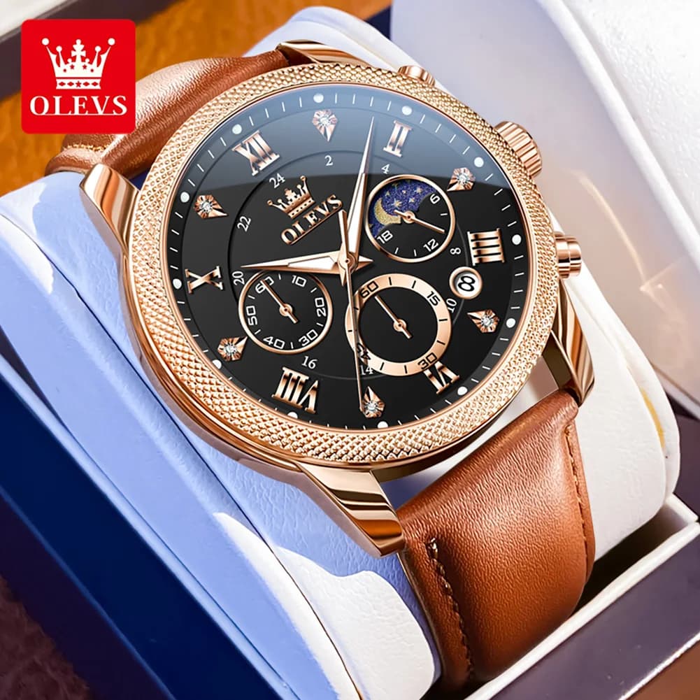 OLEVS Orologi da uomo Casual Business Acciaio pregiato Orologio da polso al quarzo di marca originale Cronografo impermeabile con fasi lunari luminose e data