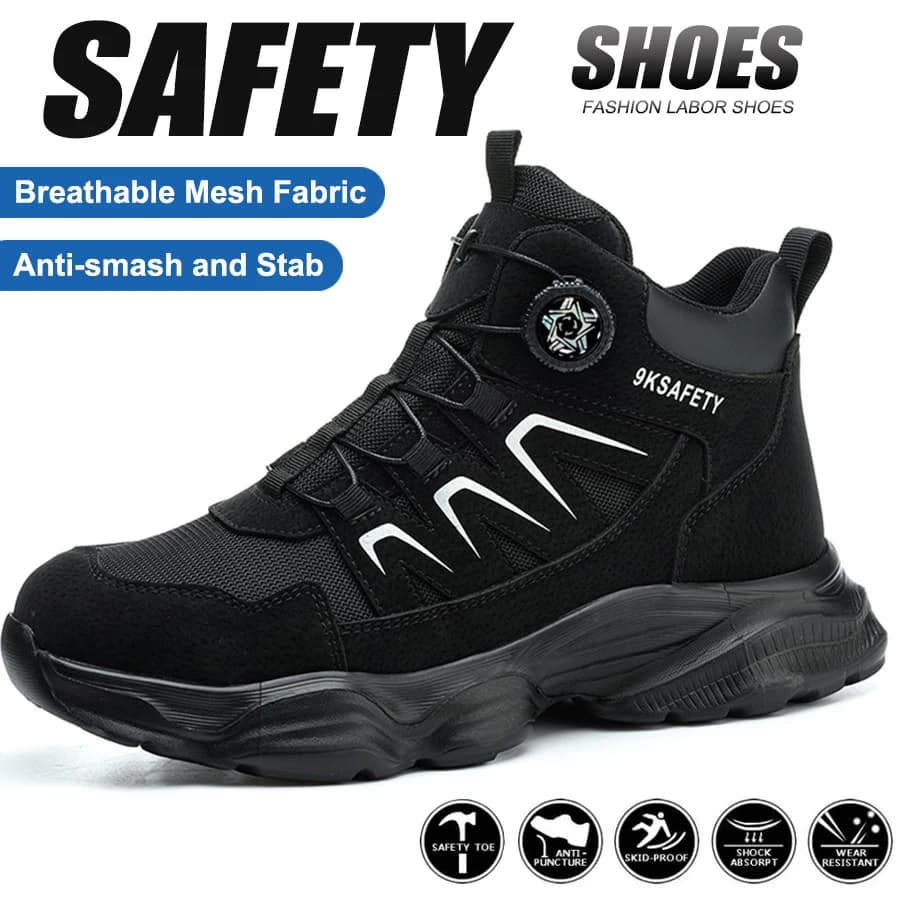 Scarpe Antinfortunistiche da Uomo con Bottone Rotante, Sneaker alla Moda, Antiperforazione, Antiscivolo, Stivali da Lavoro con Punta in Acciaio