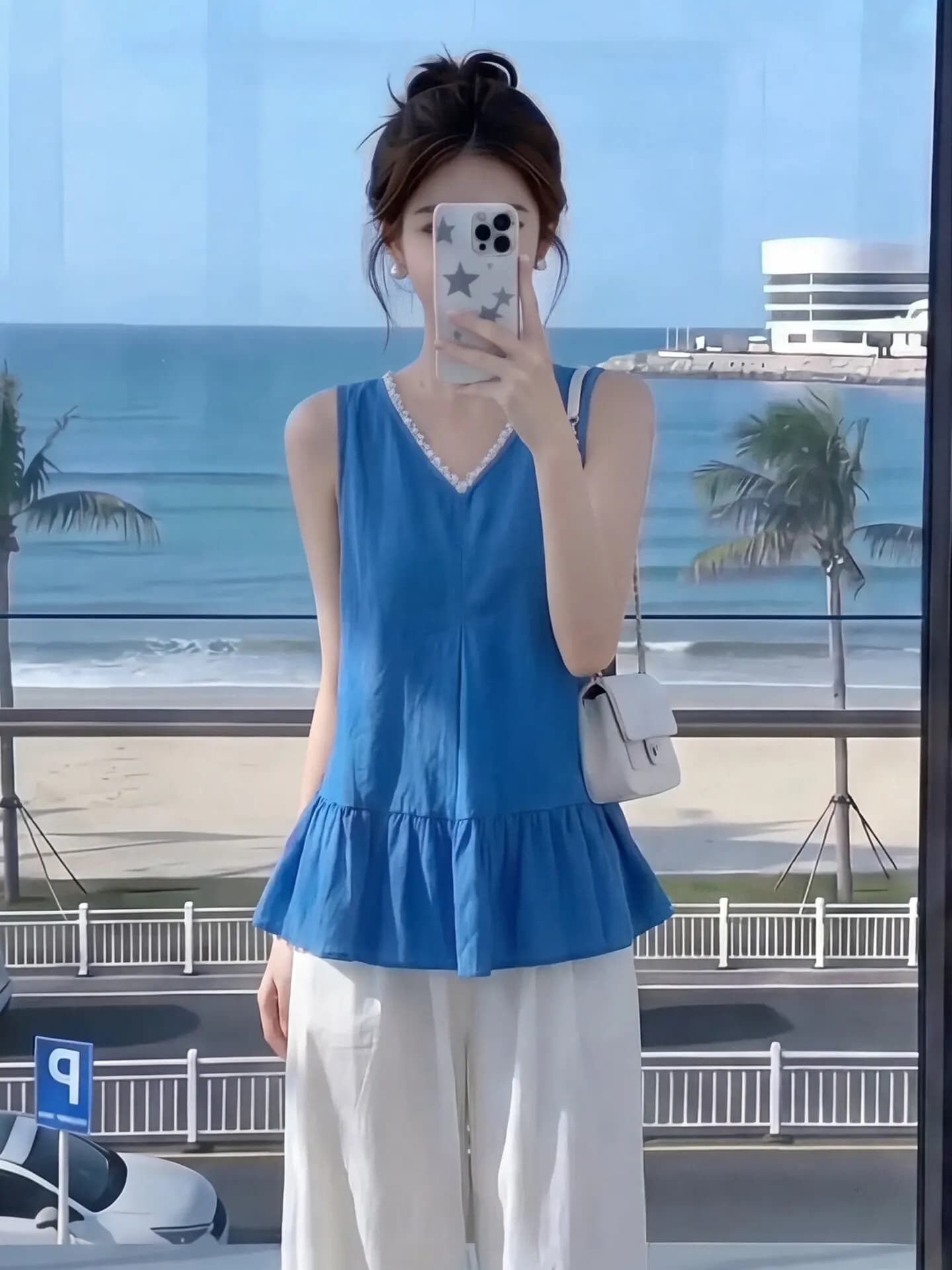 Lace Trim V-Neck Loose Women's Shirt Summer Korean Style Sleeveless Top Commute Friendly Polyester Nylon Blend