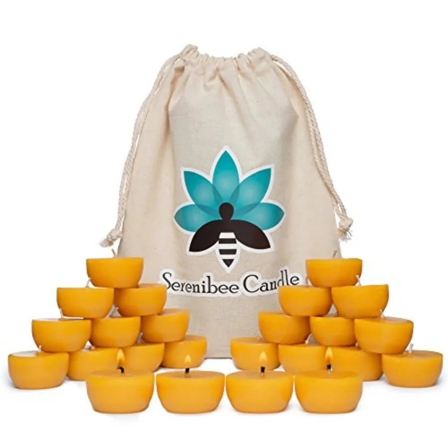 Set Regalo Ecologico di Candele Tea Light in Pura Cera d'Api con Due Portacandele in Vetro Riutilizzabili e Borsa in Cotone Riutilizzabile