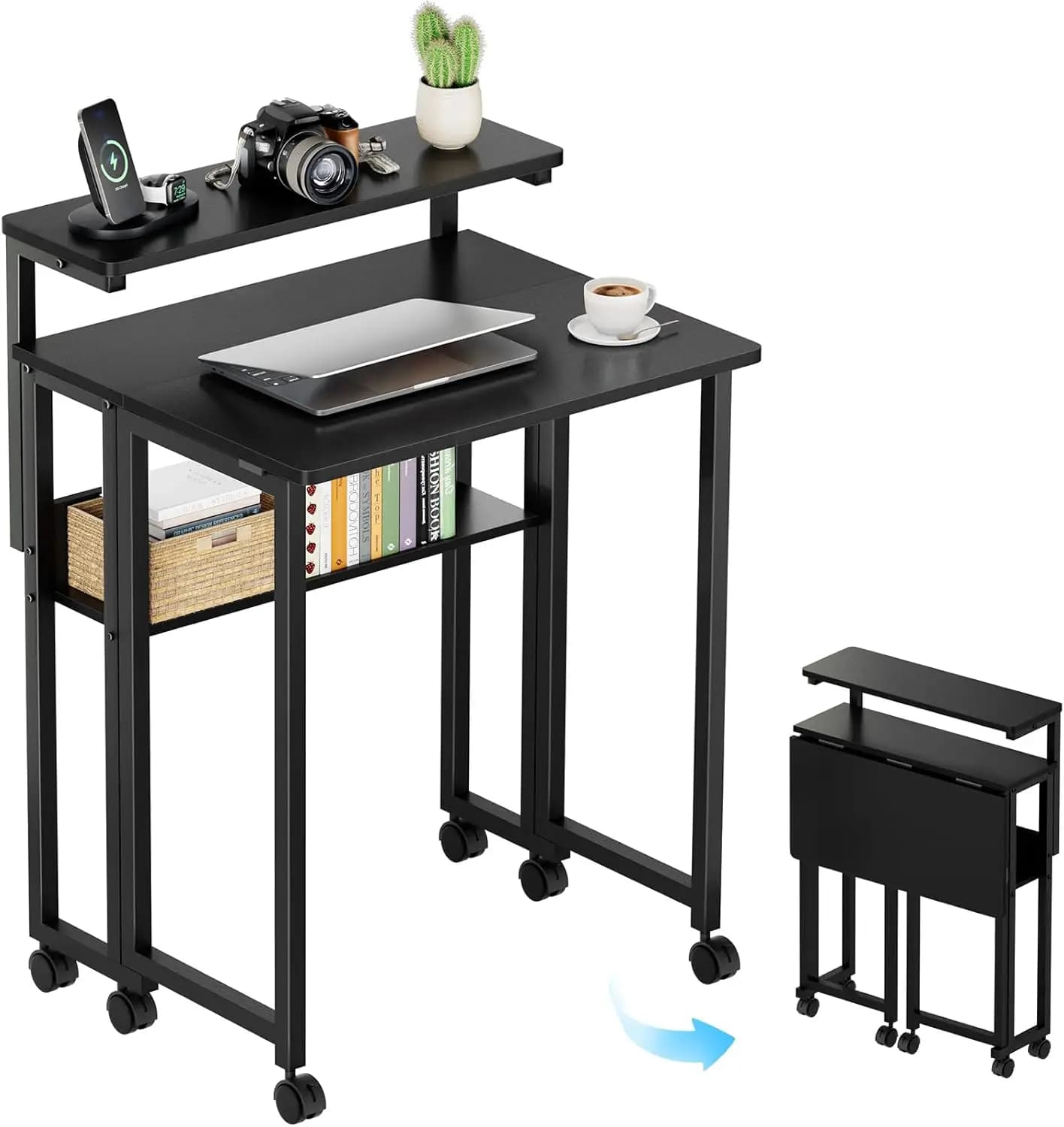Folding Desk with Adjustable Monitor Stand and Storage Shelf, 24.8in Rolling Table with Wheels, Mobile Small Desk for Small Spac