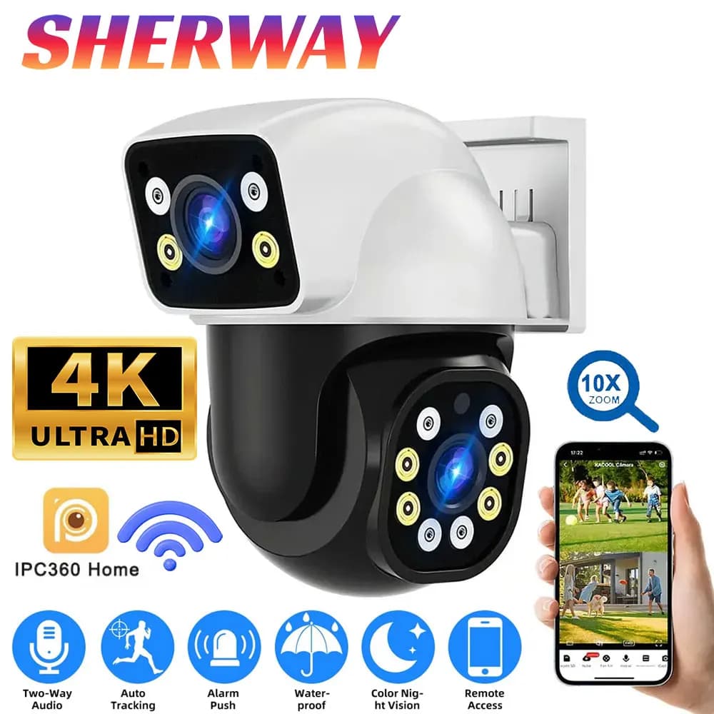 Telecamera PTZ WiFi 4K a Doppia Lente 8MP, Telecamere di Sicurezza Esterne con Visione Notturna a Colori, Tracciamento Automatico, Sorveglianza IPC360 per Casa