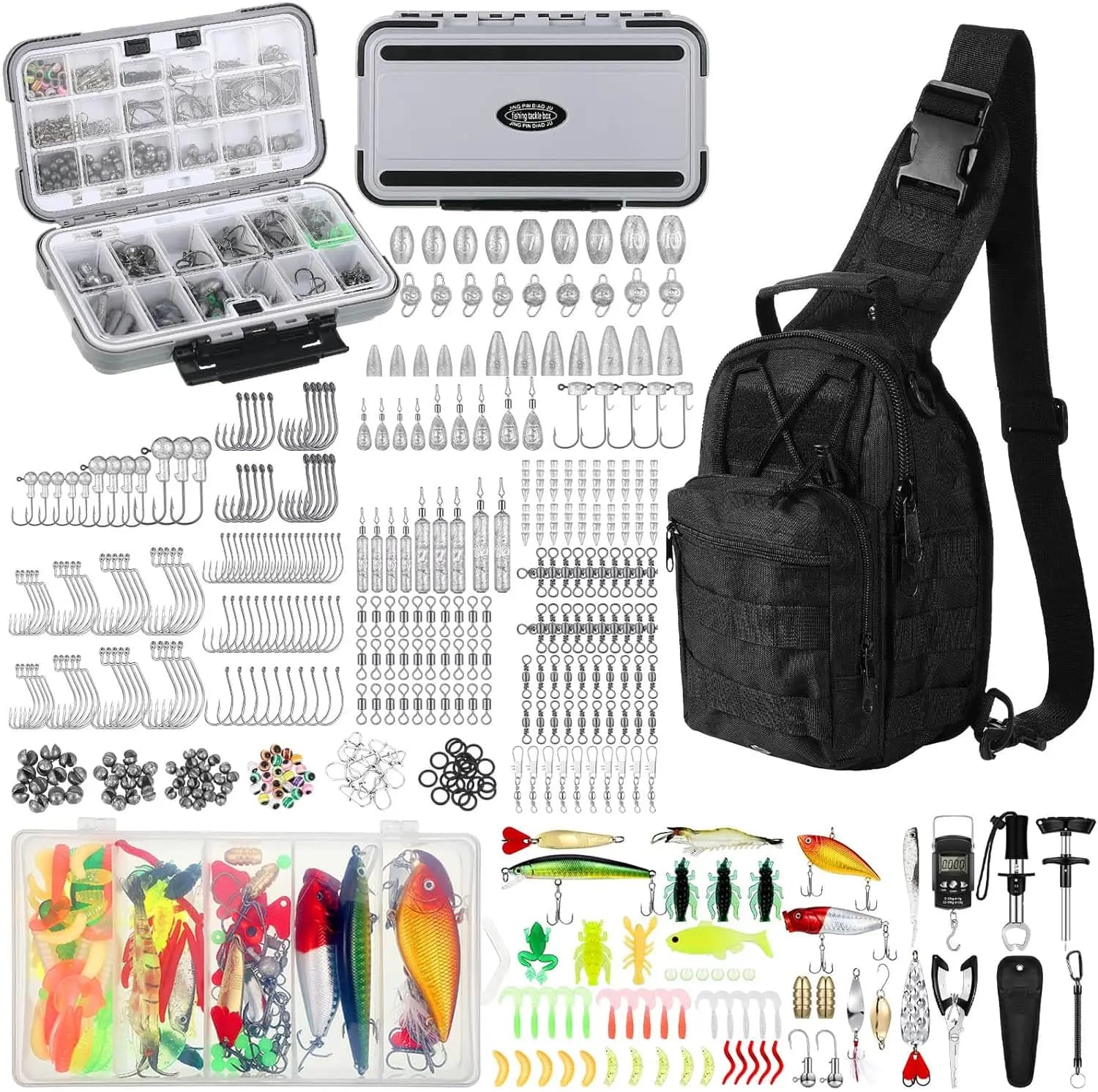 Kit da Pesca da 482 Pezzi con Borsa a Tracolla, Scatola Porta Attrezzi, Esche e Utensili per Pescatori