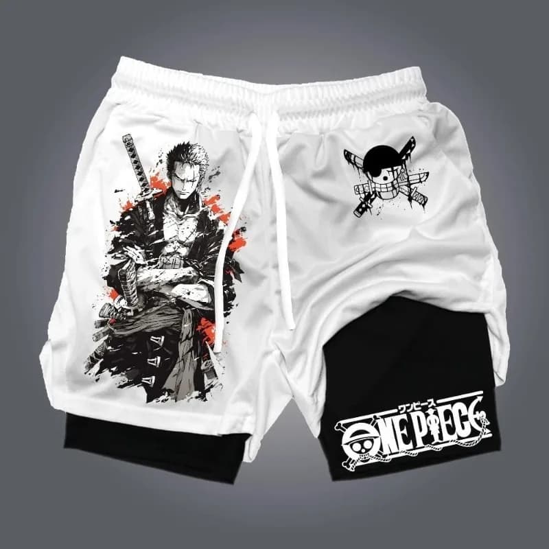 Nuovi Pantaloncini a Doppio Strato con Stampa a Tema Anime One Piece di Luffy e Zoro, Pantaloni Sportivi Estivi Americani da Uomo