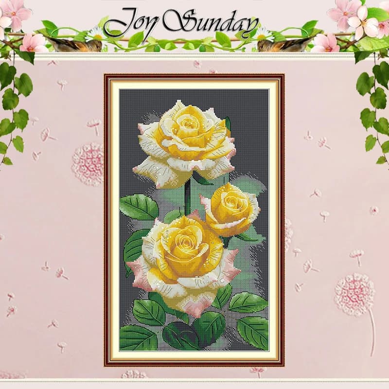 Yellow Rose Flower Patterns Counted Cross Stitch Set DIY 11CT 14CT 16CT HD Stamped DMC Cross-stitch Kit Embroidery Needlework