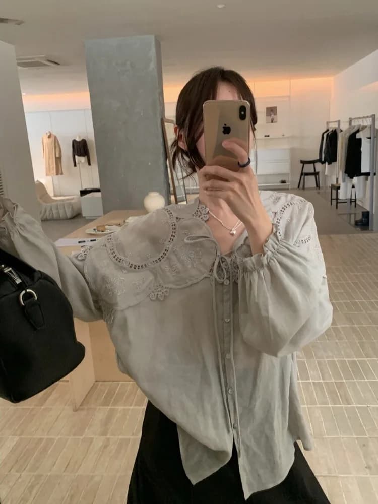 Elegant Long Sleeve Lace Splicing Hollow out Women's Shirt Chic Korean Style Loose Fit Cotton Spring Fashionable Blouse