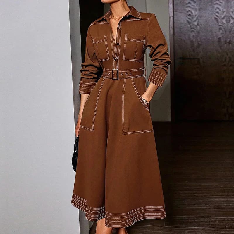 2025 Donna Primavera Autunno Trendy Button Down Risvolto Camicia marrone Maxi abito Tasche A-line Abiti lunghi larghi per cintura da donna urbana