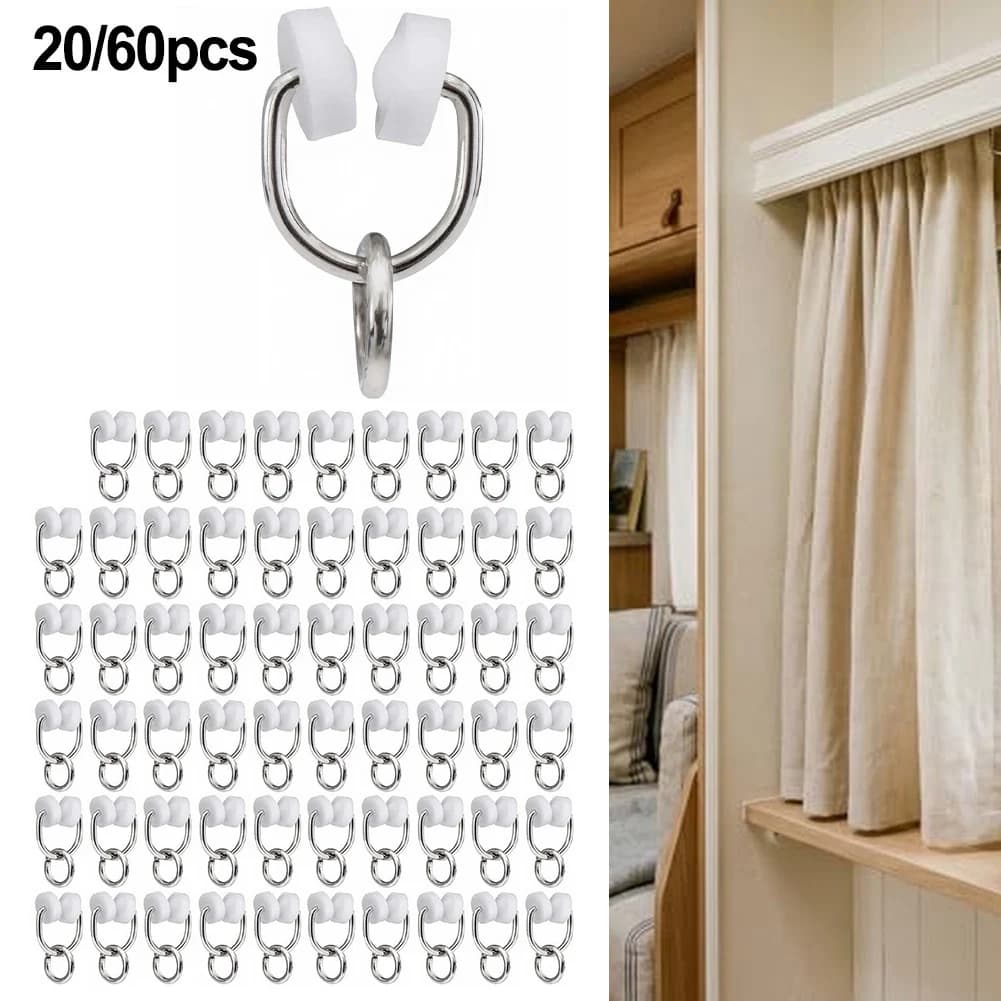For Camper Curtain Track Glider Hooks for RV Shower Curtains Plastic Rollers Compatible with Standard RV Tracks 20 pcs 60 pcs