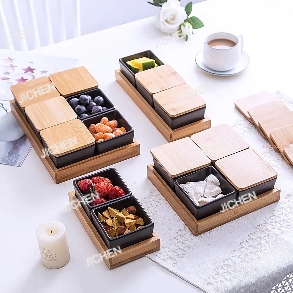 HS Pallet in legno Ciotola per snack Piatto in stile giapponese Dim Sum Ceramica bianca Frutta secca Piatto da dessert per insalata domestica