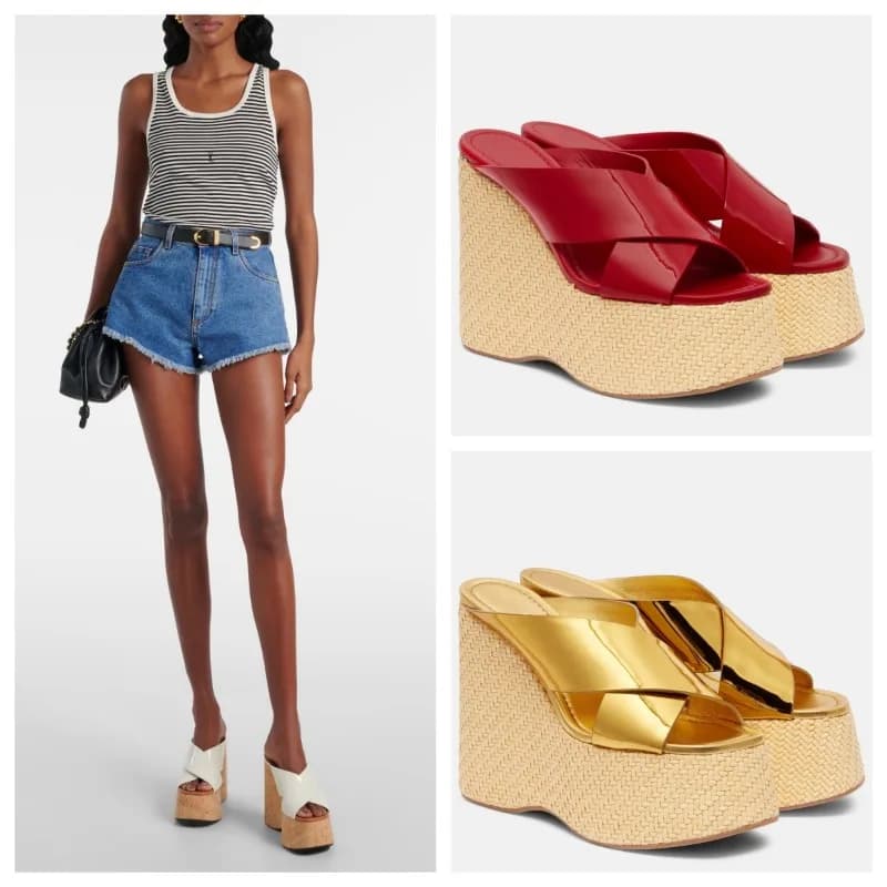 Tacco inclinato intrecciato con erba aperta estiva europea e americana, che indossa pantofole fresche all'esterno, gonna con cintura incrociata da donna, scarpe da banchetto
