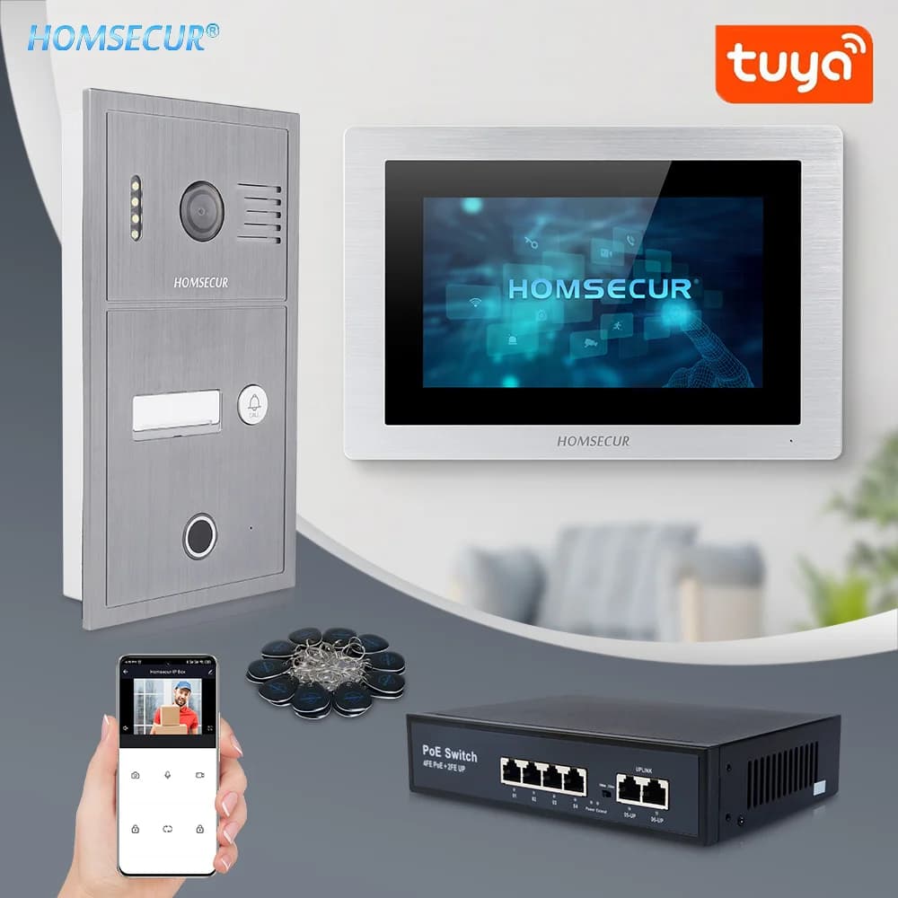 Videocitofono con Telecamera IP65 da 7 Pollici, Controllo Tramite App Tuya, Alimentazione PoE, Riconoscimento Impronte Digitali e RFID, Registrazione Snapshot
