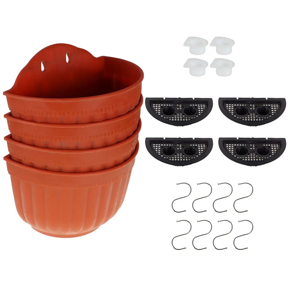Set di 4 Fioriere da Parete in Resina, Rosso Mattone, Vasi Appesi per Giardino Verticale, Decorazione Murale, Cesto per Piante e Fiori da Appendere alla Finestra