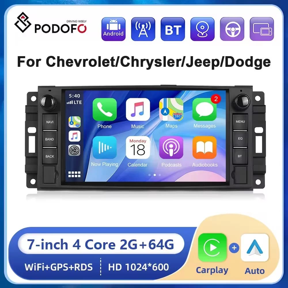 Podofo 2din 7 "Android Autoradio Per Chevrolet Chrysler Jeep Dodge 2 + 64G Carplay Android auto Navigazione GPS Bluetooth