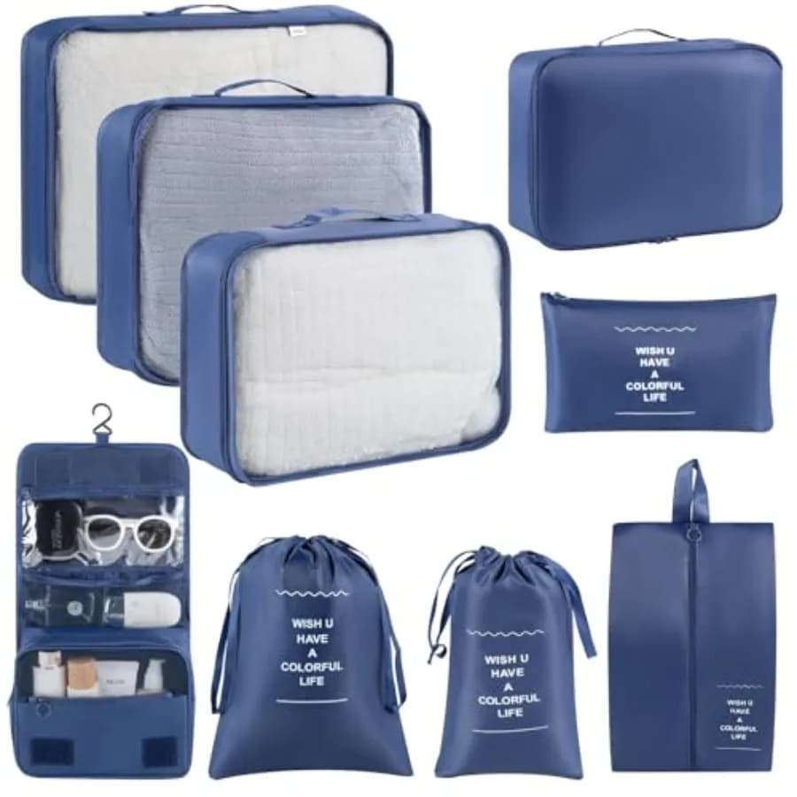 Set di 9 Cubi Organizzatori per Valigie, Accessori da Viaggio Essenziali per Aereo, Viaggi su Strada, Campeggio - Blu Navy