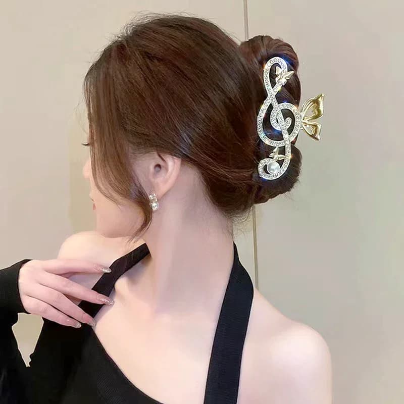 Fermagli per capelli da donna eleganti a forma di nota musicale, con strass di lusso, accessorio a clip per coda di cavallo, accessorio per capelli da ragazza