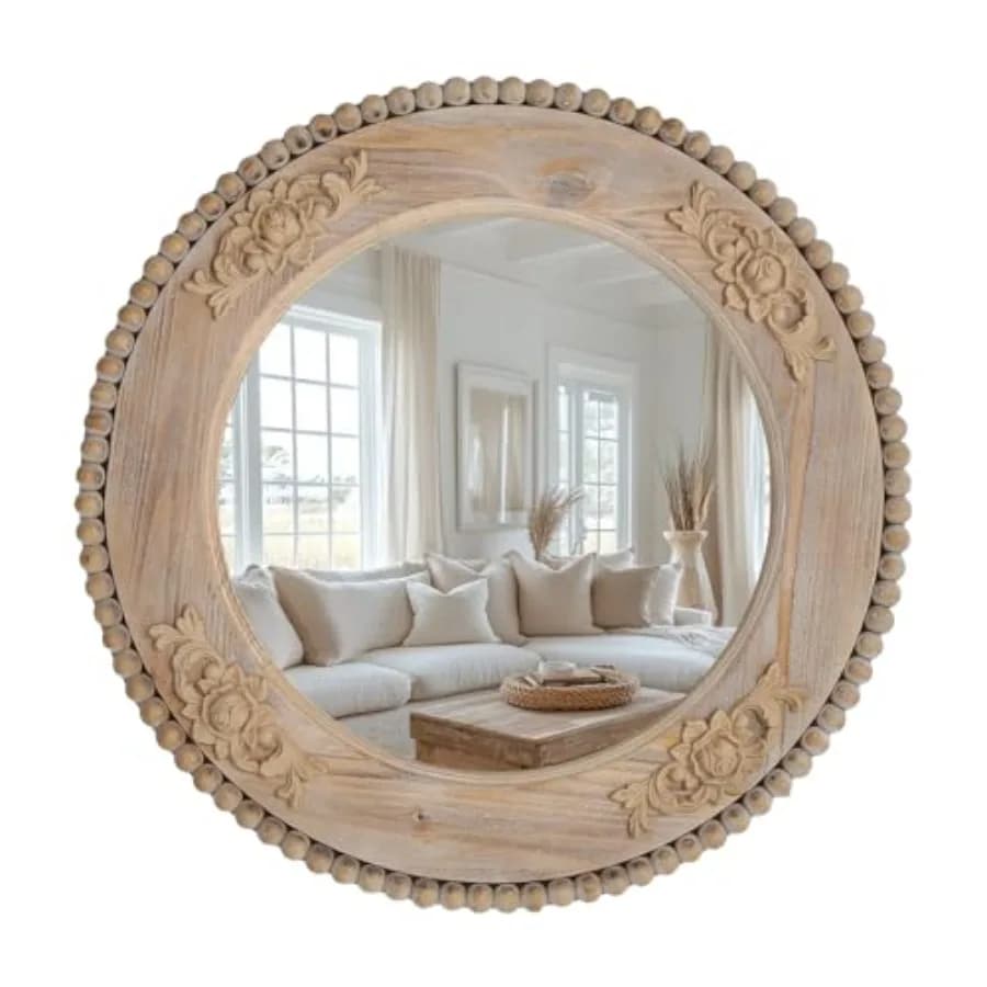 Specchio rotondo in legno, 24 pollici, cornice rustica in legno naturale stile farmhouse, specchio da parete con perline boho per bagno, soggiorno, camera da letto