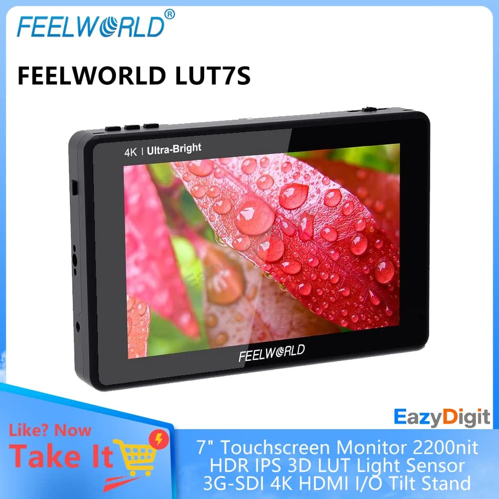 Monitor Touchscreen FEELWORLD LUT7S 7\" 2200nit HDR IPS 3D LUT Light Sensor 3G-SDI 4K HDMI I/O Inclinable Support Subtle Design