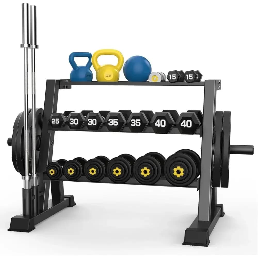 3-Tier Weight Rack for 1100LB Plate and Curl Bar Storage in Home Gym