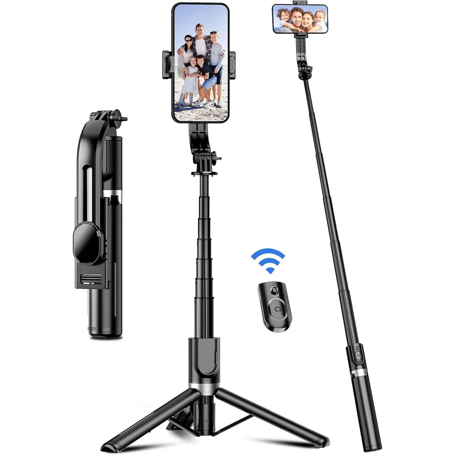 Treppiede per selfie da 41 pollici, estensibile e portatile 4 in 1 in alluminio con telecomando wireless, rotazione a 360°, supporto da viaggio per smartphone, nero