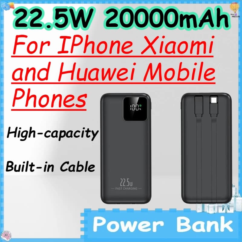 22.5W 20000mAh Power Bank with Built-in Cable for IPhone Xiaomi and Huawei Mobile Phones High-capacity Fast-charging Powerbank